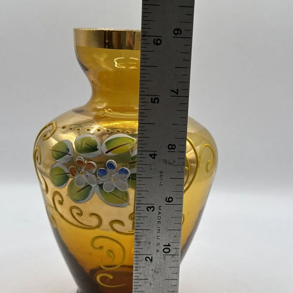 Vase Nasco Amber Glass Hand Painted Raised Enamel Flowers Gilt 6.25” - Picture 8 of 9